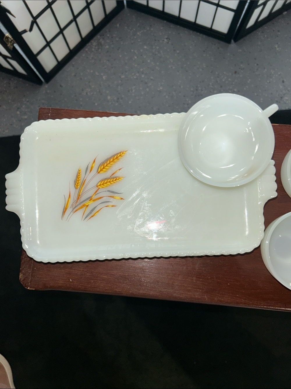 Anchor Hocking 4 White Milk Glass Serving Trays and cups with Golden Wheat Motif